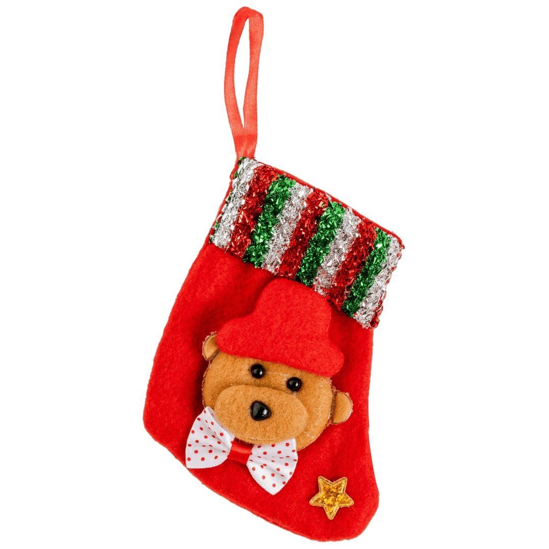 Yılbaşı Süsü 11 cm Çorap Ayıcık Desenli Kırmızı - Mavi Su Dünyası