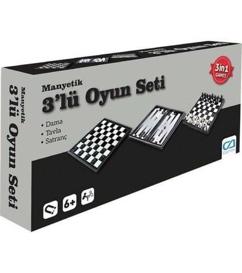Çantalı Manyetik 3 lü Oyun Seti Dama Tavla Satranç