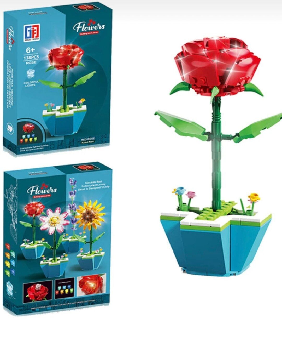 Işıklı Çiçek Lego | Işıklı Çiçekli Lego | 138 Parça Saksılı Kırmızı Gül Işıklı Lego