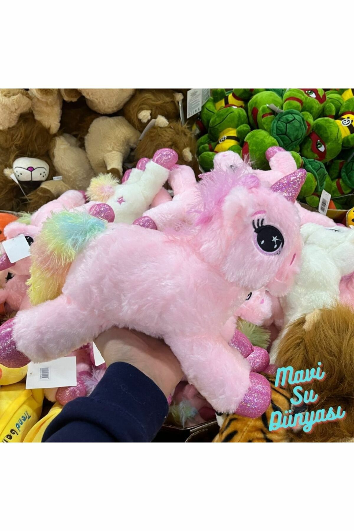 Peluş Yatan Unicorn Pembe Renk 37 Cm - Mavi Su Dünyası