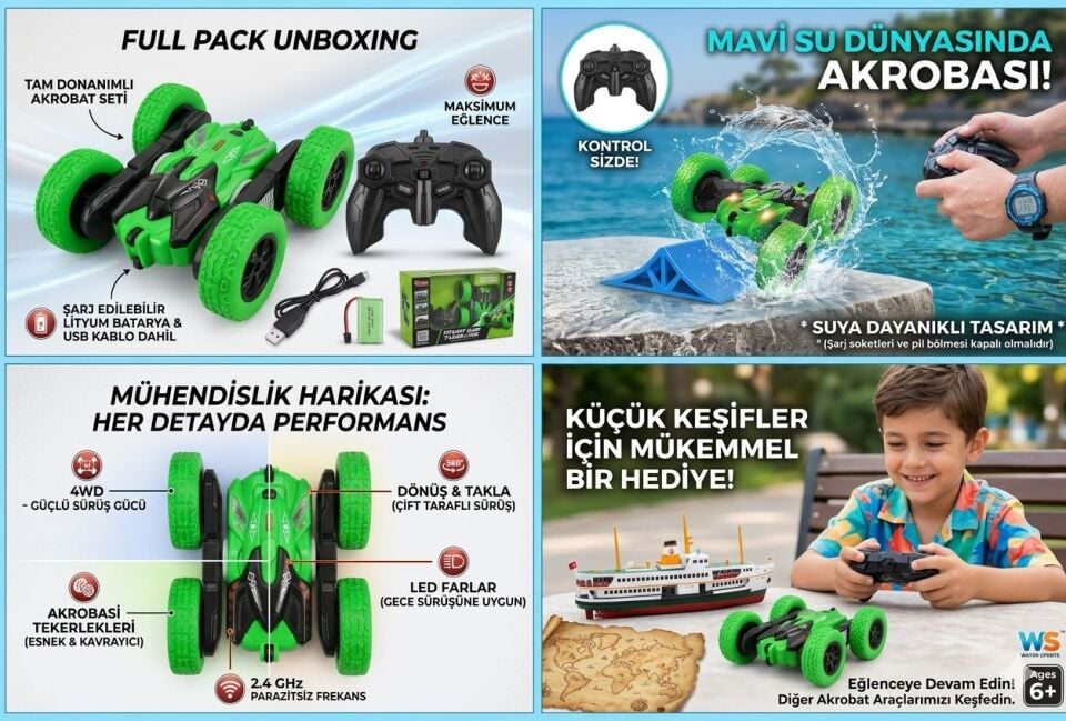 Uzaktan Kumandalı Full Fonksiyonlu Şarjlı 2.4 Ghz 4 Teker Akrobat Araba Yeşil Renkli