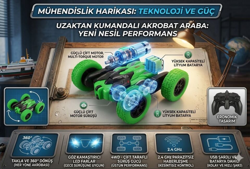 Uzaktan Kumandalı Full Fonksiyonlu Şarjlı 2.4 Ghz 4 Teker Akrobat Araba Yeşil Renkli