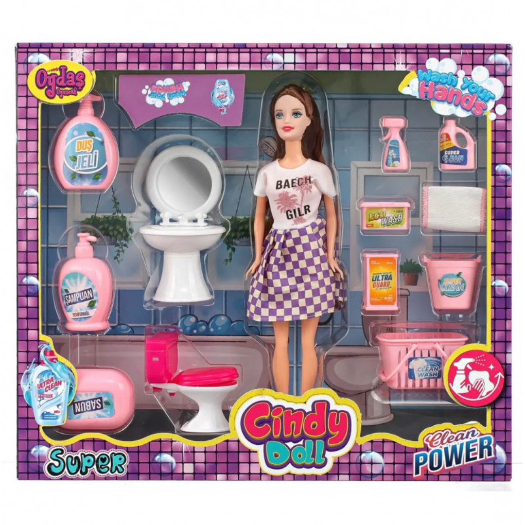 Eğitici Bebek ve Çocuk Cindy Doll Bebekli Lavabo ve Temizlik Seti | Mavi Su Dünyası