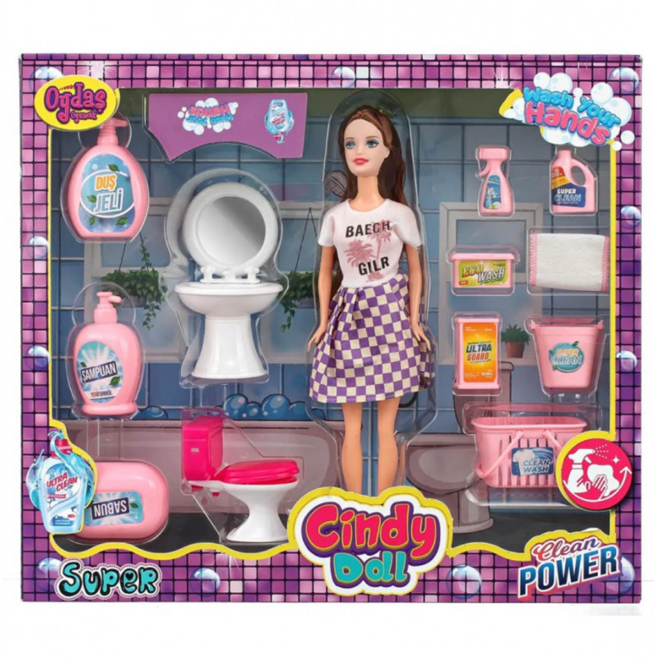 Eğitici Bebek ve Çocuk Cindy Doll Bebekli Lavabo ve Temizlik Seti | Mavi Su Dünyası