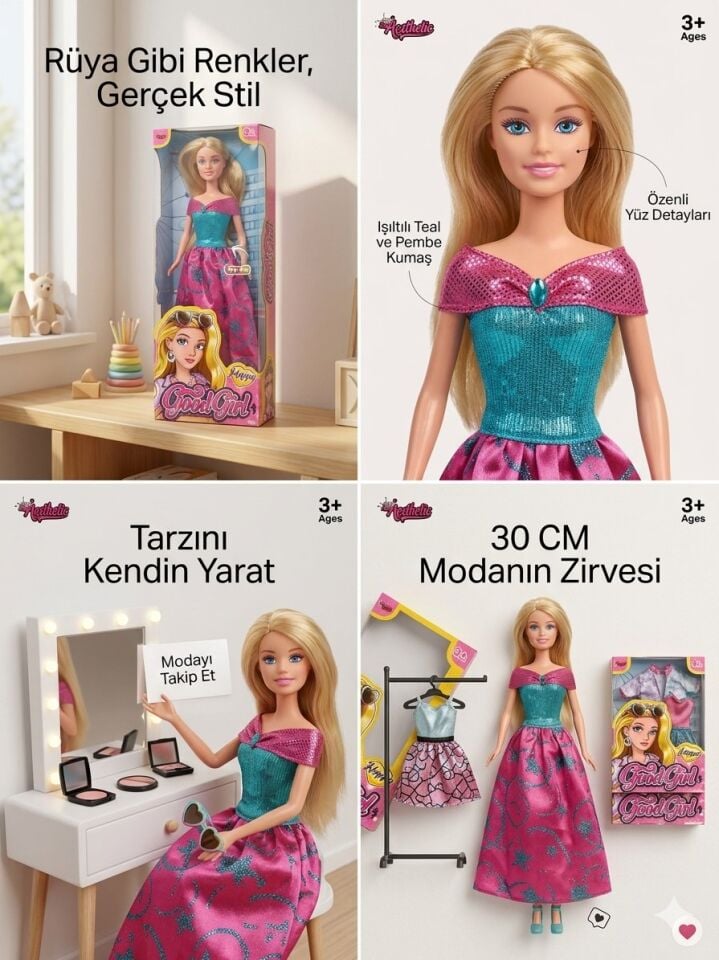 Pembe ve Mavi Elbiseli Sarışın Bebek 30 Cm Model Oyuncak Bebek Model Bebek