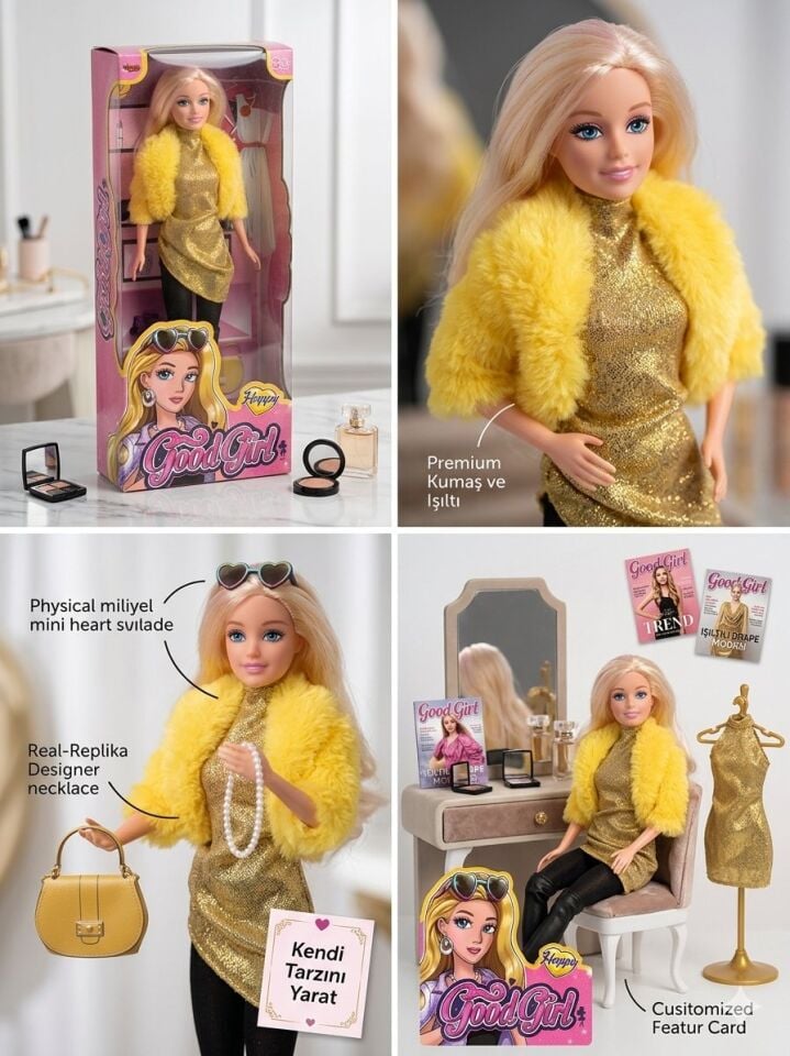 Parlak Sarı Drape Elbiseli Bebek 30 Cm Model Oyuncak Bebek Model Bebek