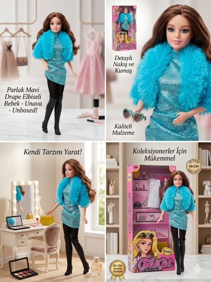 Parlak Mavi Drape Elbiseli Bebek 30 Cm Model Oyuncak Bebek Model Bebek