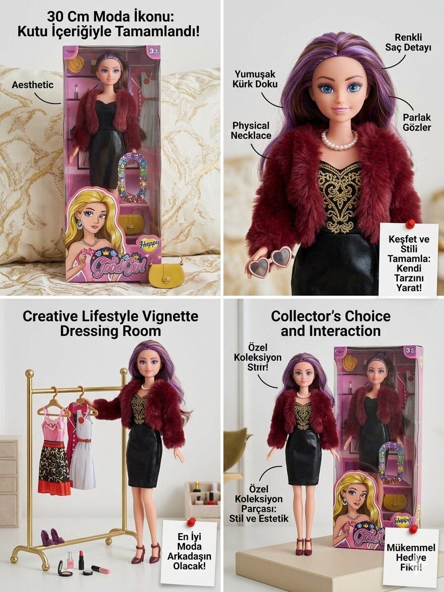 Bordo Ceketli Siyah Elbiseli Renkli Saçlı Bebek 30 Cm Model Oyuncak Bebek Model Bebek