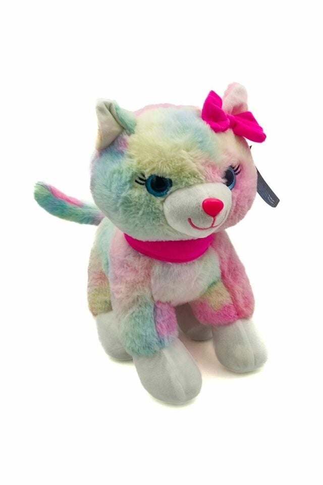 Peluş Pembe Tokalı Kedi Renkli 40 Cm - Mavi Su Dünyası