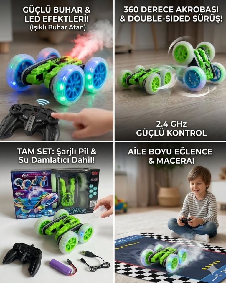 Uzaktan Kumandalı | Full Fonksiyonlu Şarjlı Yeşil Renkli 15 Cm Araba | Işıklı Buhar Atan | 360 Derece Dönebilen Araba | Ön Tekerler Küçük Arka Tekerl