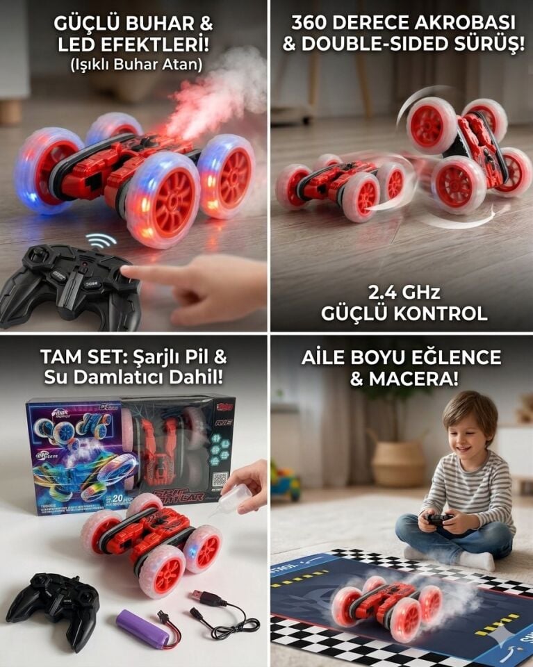 Uzaktan Kumandalı | Full Fonksiyonlu Şarjlı Kırmızı Renkli 15 Cm Araba | Işıklı Buhar Atan | 360 Derece Dönebilen Araba | Ön Tekerler Küçük Arka Teke
