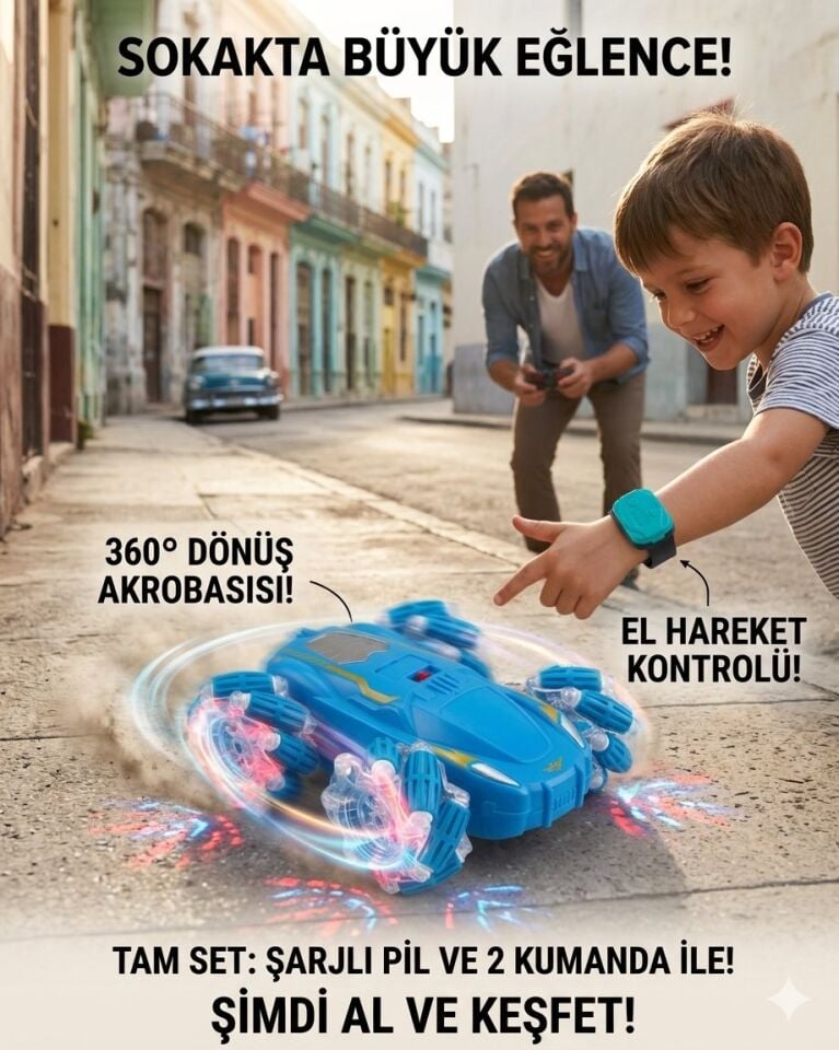 Uzaktan Kumandalı El Kontrollü 2.4G Şarjlı ve Işıklı 15 Cm Araba | Full Fonksiyonlu Mavi Renkli Araba |360 Derece Dönebilen Araba | Yan Giden