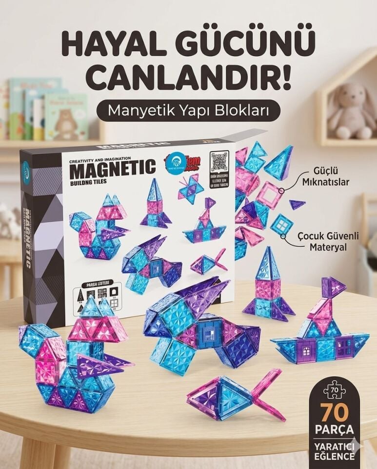 Manyetik Yapı Blokları | Çocuklar İçin 3 Boyutlu Renkli Mıknatıslı | 70 Parça Manyetik Blok Oyun Seti