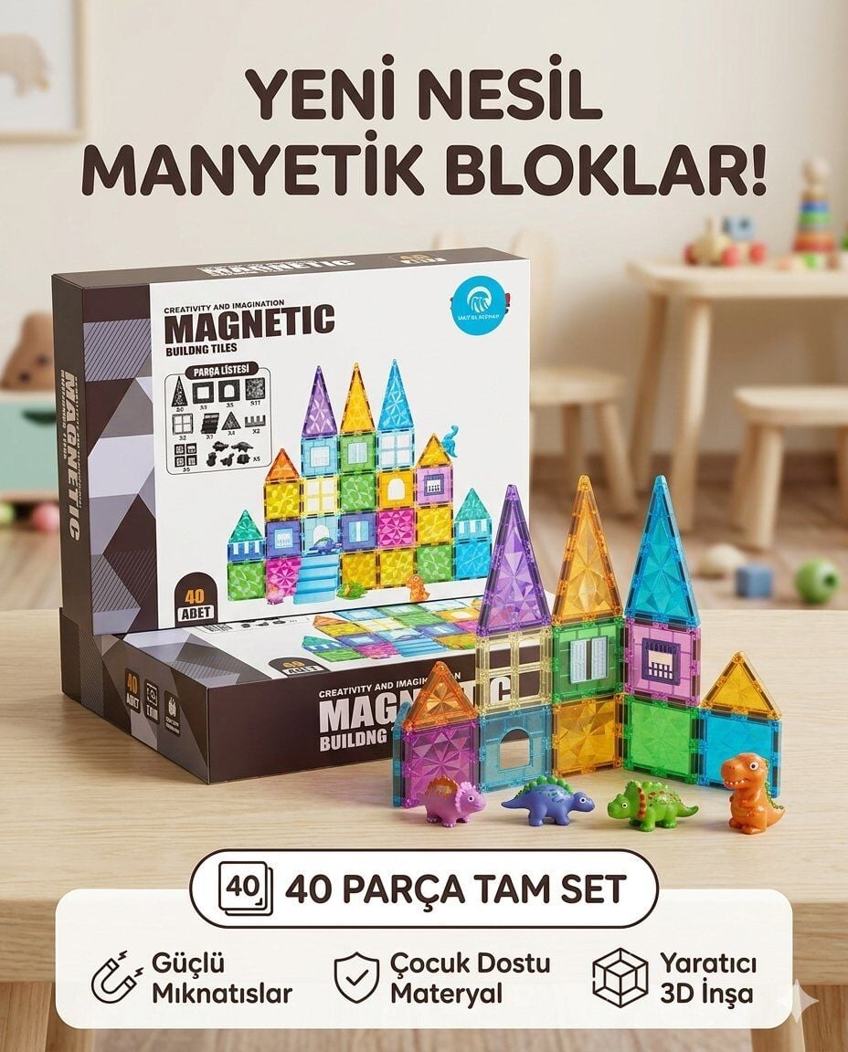 Manyetik Yapı Blokları | Çocuklar İçin 3 Boyutlu Renkli Mıknatıslı | 40 Parça Manyetik Blok Oyun Seti