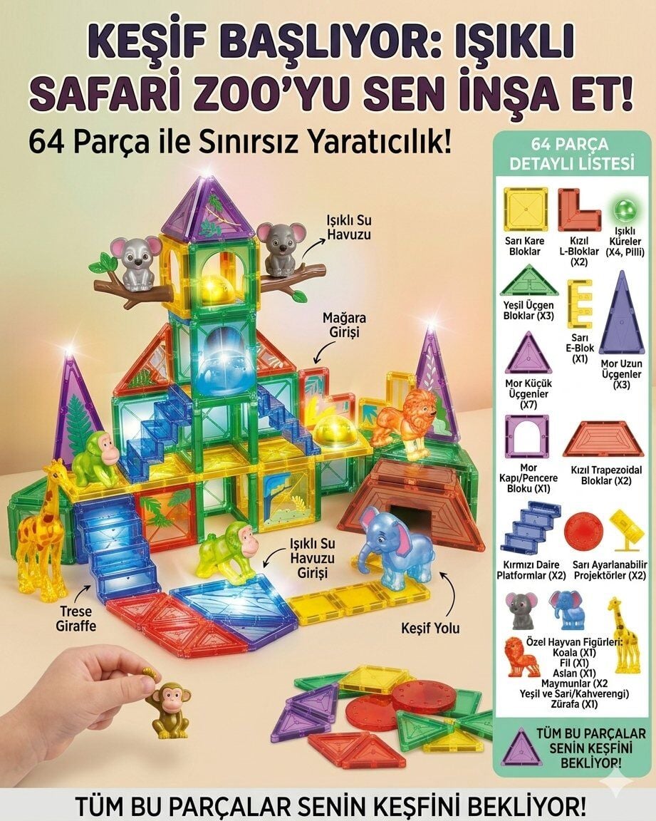 Manyetik Yapı Blokları | Işıklı Çocuklar İçin 3 Boyutlu Renkli Mıknatıslı | 64 Parça Manyetik Blok Oyun Seti