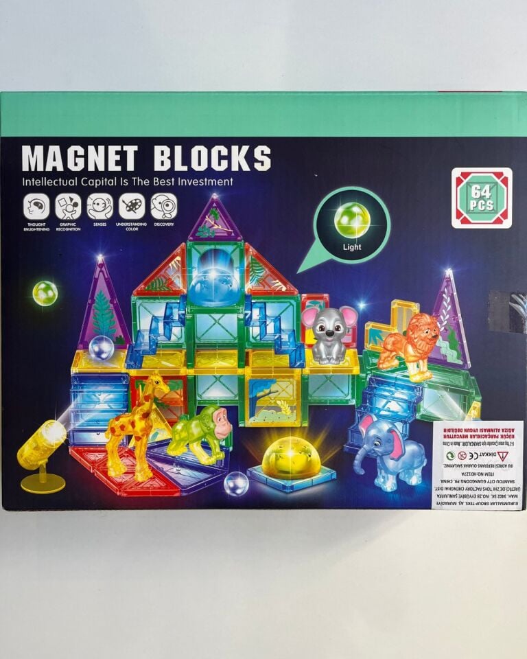 Manyetik Yapı Blokları | Işıklı Çocuklar İçin 3 Boyutlu Renkli Mıknatıslı | 64 Parça Manyetik Blok Oyun Seti
