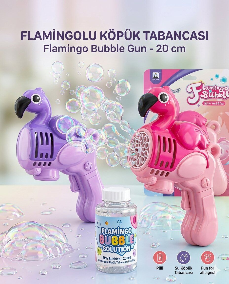 Flamingolu Köpük Tabancası Bubble Pilli Su Köpük Tabancası 20 Cm Mor