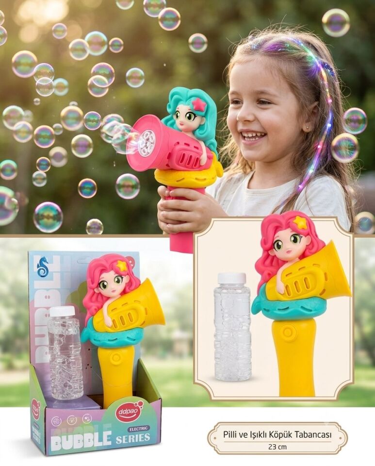 Köpük Tabancası Bubble Pilli ve Işıklı Saçlı Kız Köpük Tabancası 23 Cm Sarı