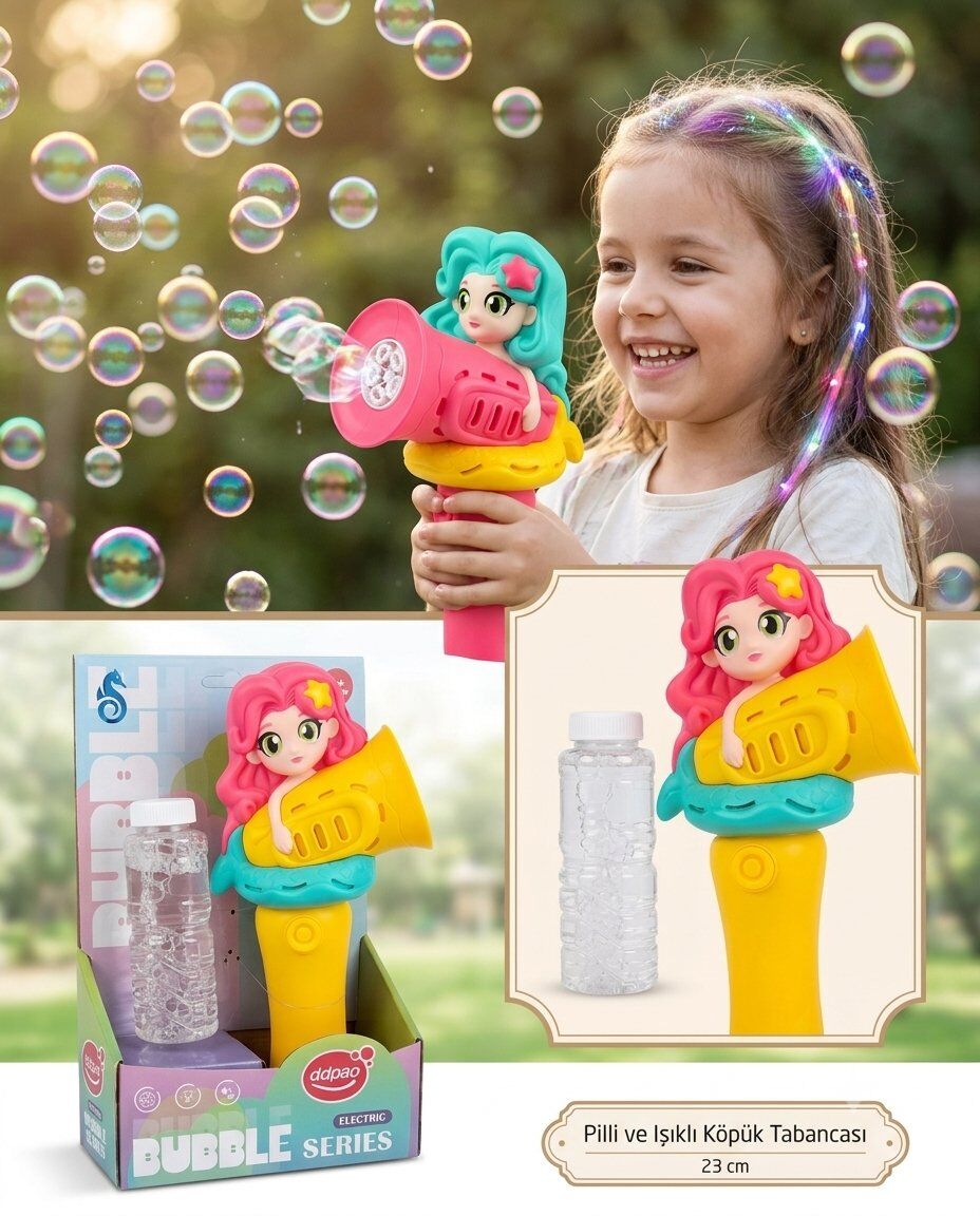 Köpük Tabancası Bubble Pilli ve Işıklı Saçlı Kız Köpük Tabancası 23 Cm Kırmızı