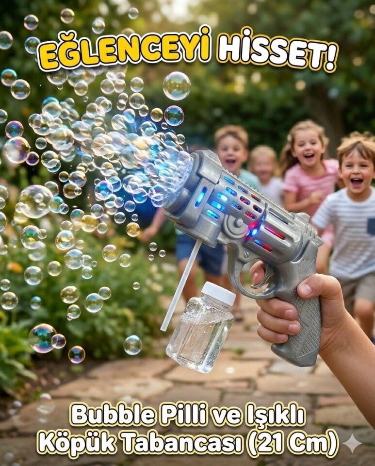Köpük Tabancası Bubble Pilli ve Işıklı Tabanca 21 Cm Sarı
