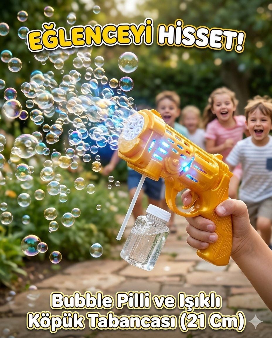 Köpük Tabancası Bubble Pilli ve Işıklı Tabanca 21 Cm Sarı