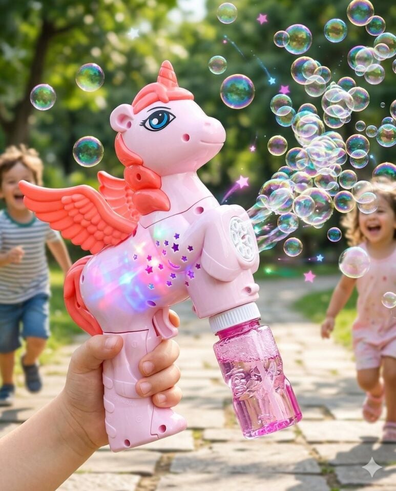Unicorn Köpük Tabancası Bubble Pilli ve Işıklı 18 Cm Pembe