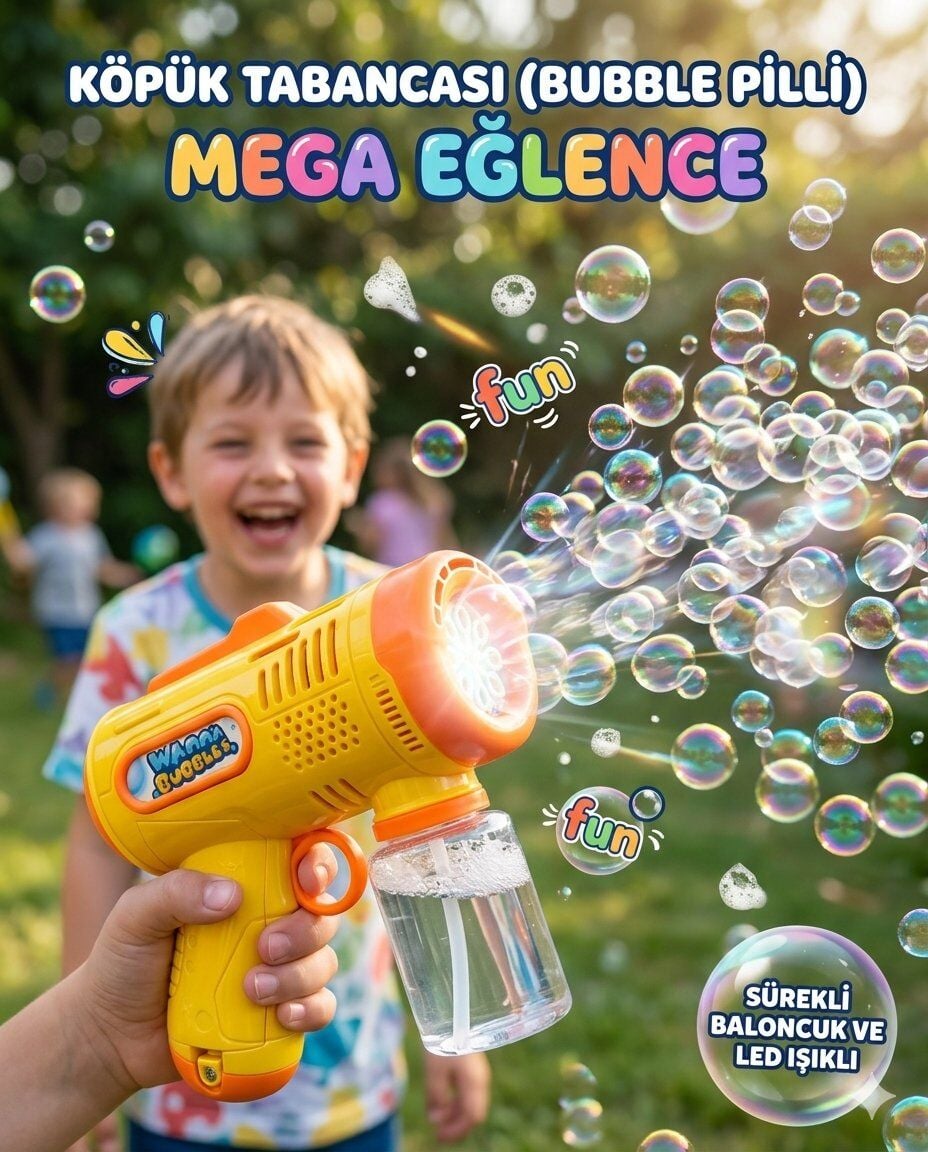 Köpük Tabancası Bubble Pilli Sarı Turuncu Renkli 14 Cm