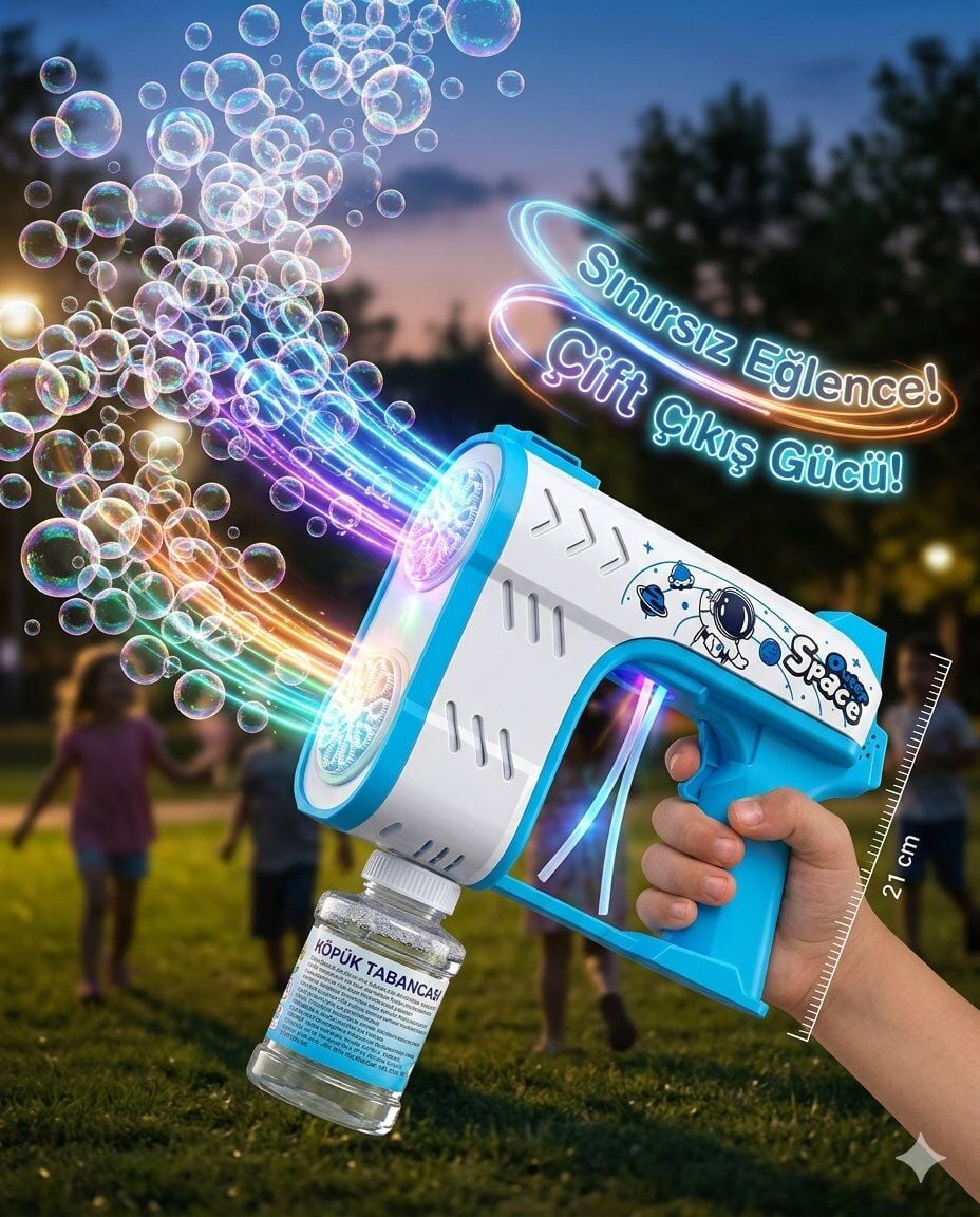 Çift Çıkışlı Köpük Tabancası Bubble Pilli Sesli Işıklı 21 Cm