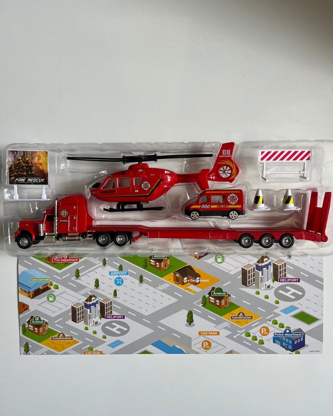 Oyuncak Helikopter Tır ve Araba Seti Kırmızı | 33 Cm Tır | 20 Cm Helikopter | 8 Cm Araba ve Aksesuarlar