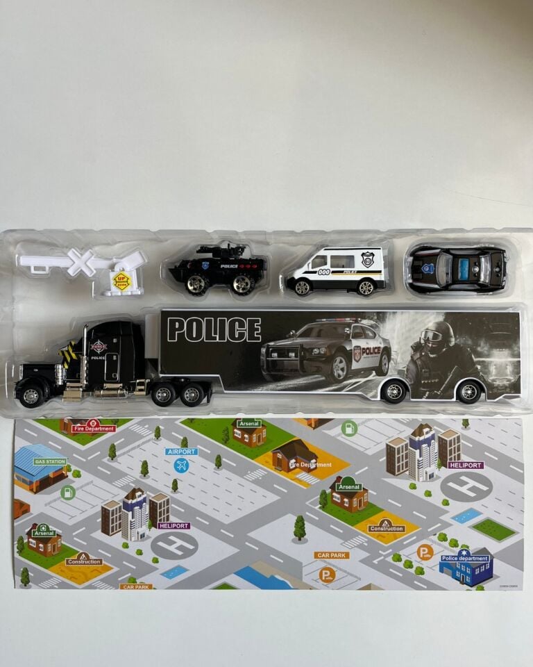 Oyuncak Kapalı Tır ve Araba Polis Seti Siyah | 33 Cm Tır | 8 Cm Arabalar ve Aksesuarlar