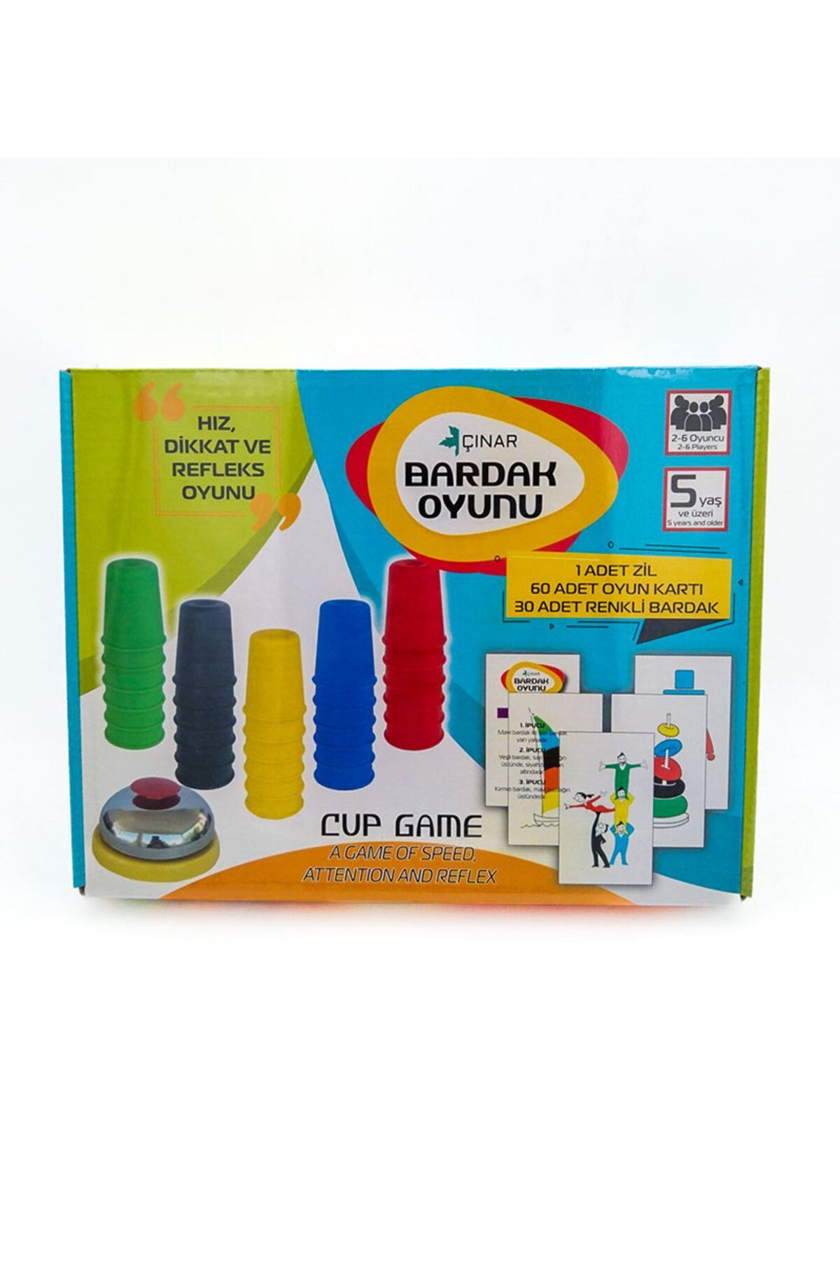 Bardak Oyunu - 1Adet Zil, 60 Adet Oyun Kartı, 30 Adet Renkli Bardak