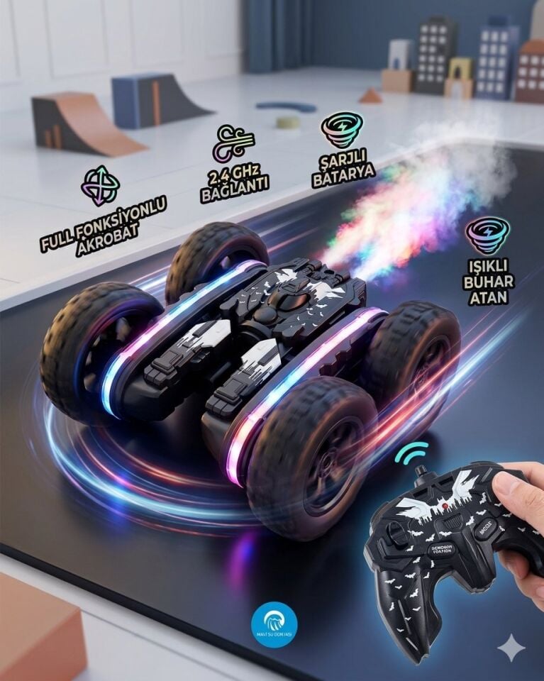 Uzaktan Kumandalı Siyah Renk Full Fonksiyon | 2.4 Ghz Şarjlı | Işıklı Buhar Atan | 360 Derece Dönebilen Akrobat Araba