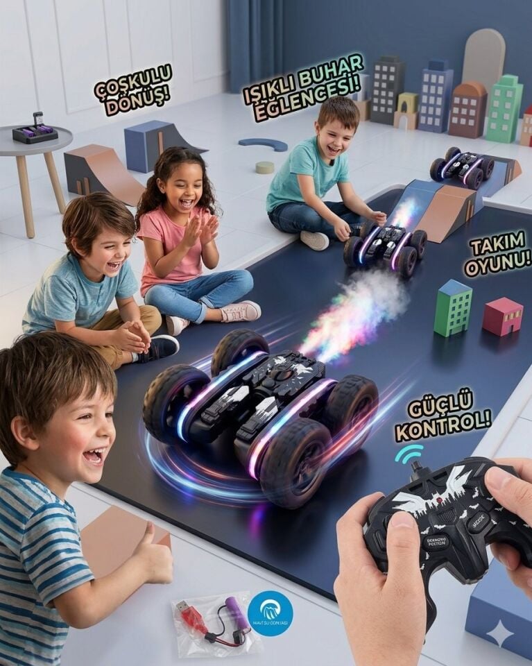 Uzaktan Kumandalı Siyah Renk Full Fonksiyon | 2.4 Ghz Şarjlı | Işıklı Buhar Atan | 360 Derece Dönebilen Akrobat Araba