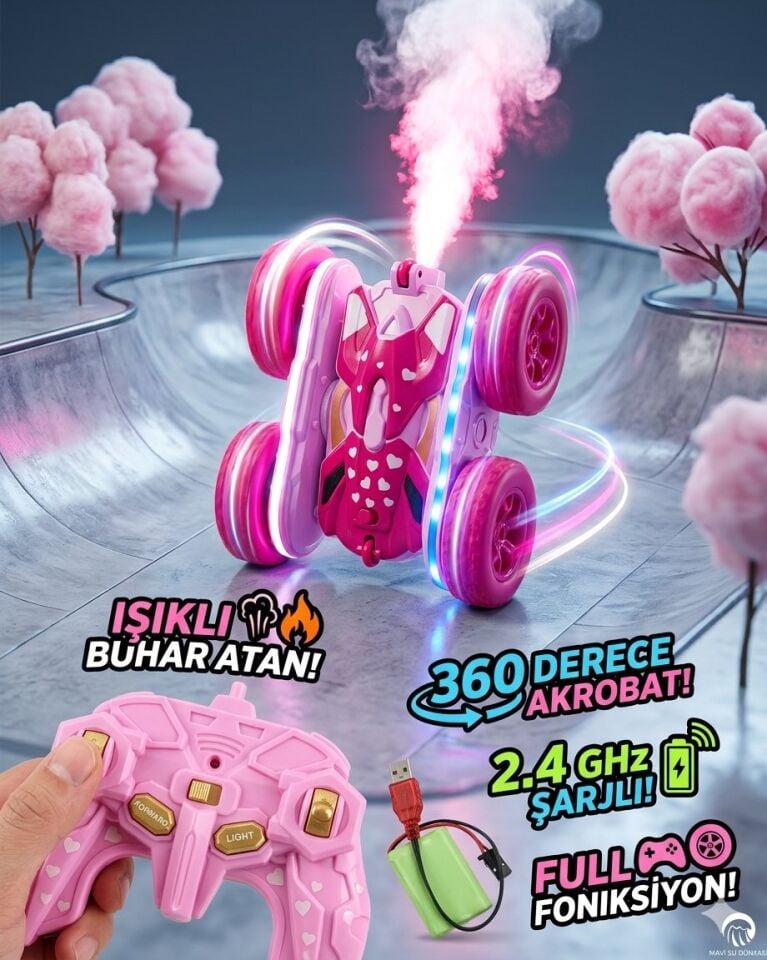 Uzaktan Kumandalı Pembe Renk Full Fonksiyon | 2.4 Ghz Şarjlı | Işıklı Buhar Atan | 360 Derece Dönebilen Akrobat Araba