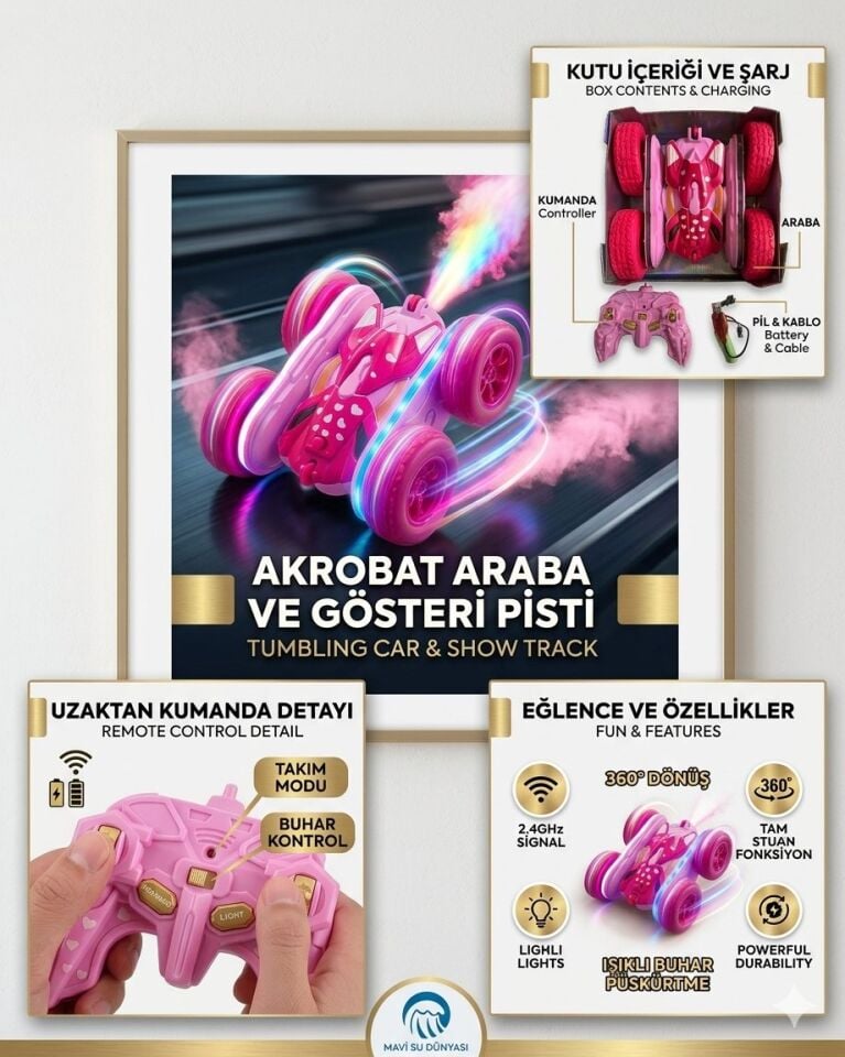 Uzaktan Kumandalı Pembe Renk Full Fonksiyon | 2.4 Ghz Şarjlı | Işıklı Buhar Atan | 360 Derece Dönebilen Akrobat Araba