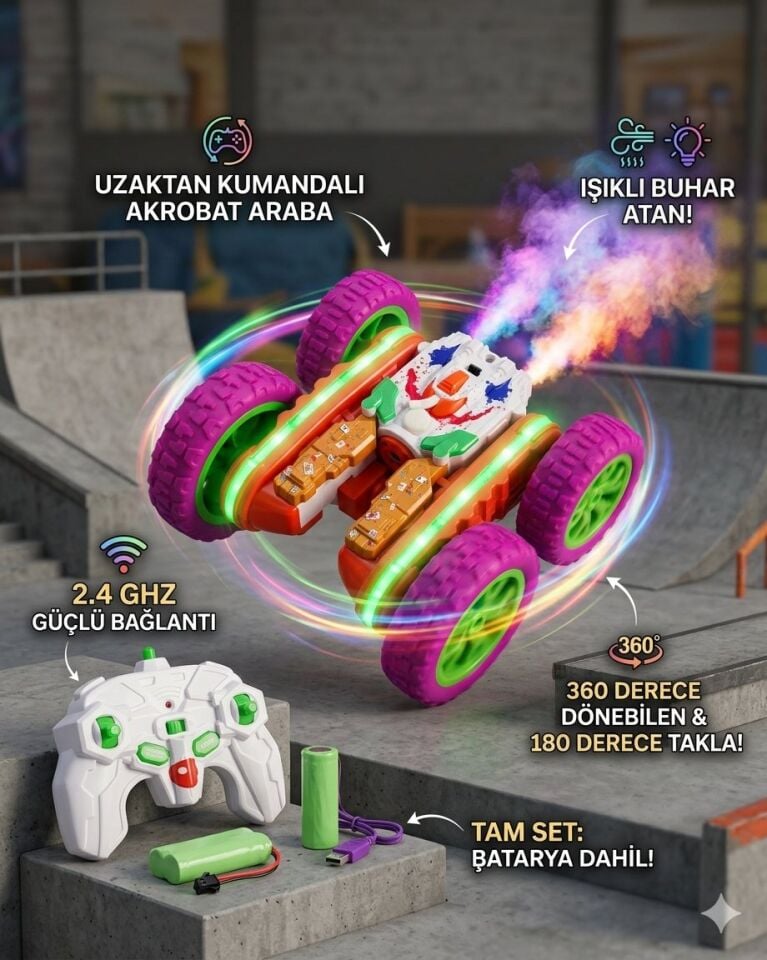 Uzaktan Kumandalı Karışık Renk Full Fonksiyon | 2.4 Ghz Şarjlı | Işıklı Buhar Atan | 360 Derece Dönebilen Akrobat Araba