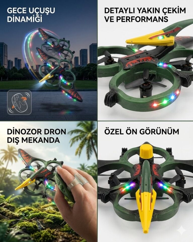 Uzaktan Elde Özel Kumandalı Uçak Dinozor Dron | 2.4Ghz 360 Derece Dönebilen | LED Işıklı | Otomatik İniş Kalkış