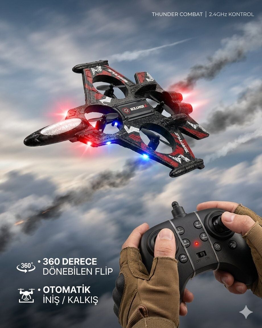 Uzaktan Kumandalı Uçak Dron Thunder Combat | 2.4Ghz 360 Derece Dönebilen | LED Işıklı | Otomatik İniş Kalkış