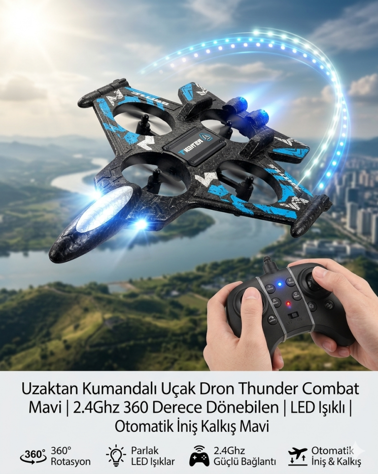 Uzaktan Kumandalı Uçak Dron Thunder Combat | 2.4Ghz 360 Derece Dönebilen | LED Işıklı | Otomatik İniş Kalkış Mavi