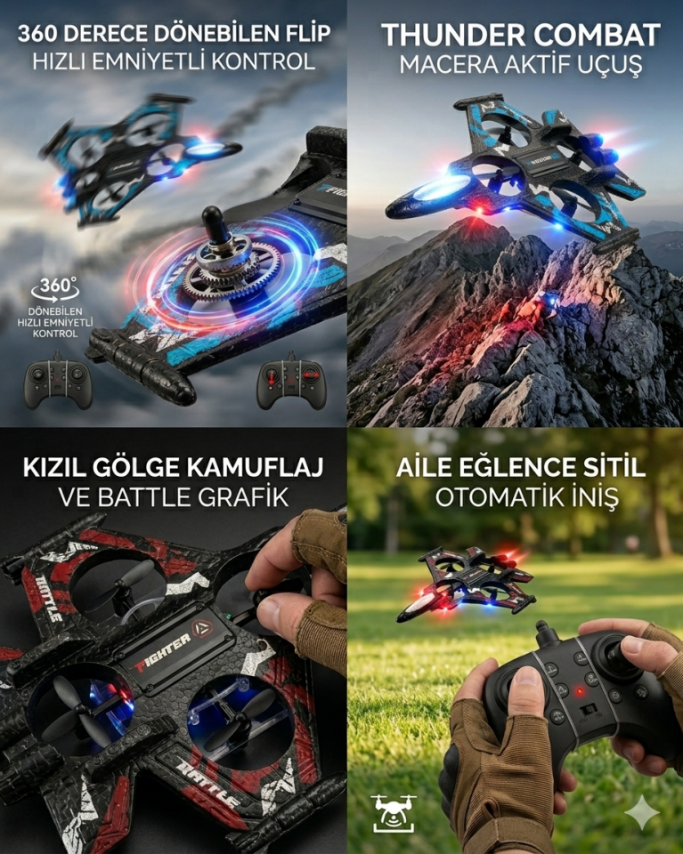 Uzaktan Kumandalı Uçak Dron Thunder Combat | 2.4Ghz 360 Derece Dönebilen | LED Işıklı | Otomatik İniş Kalkış Mavi