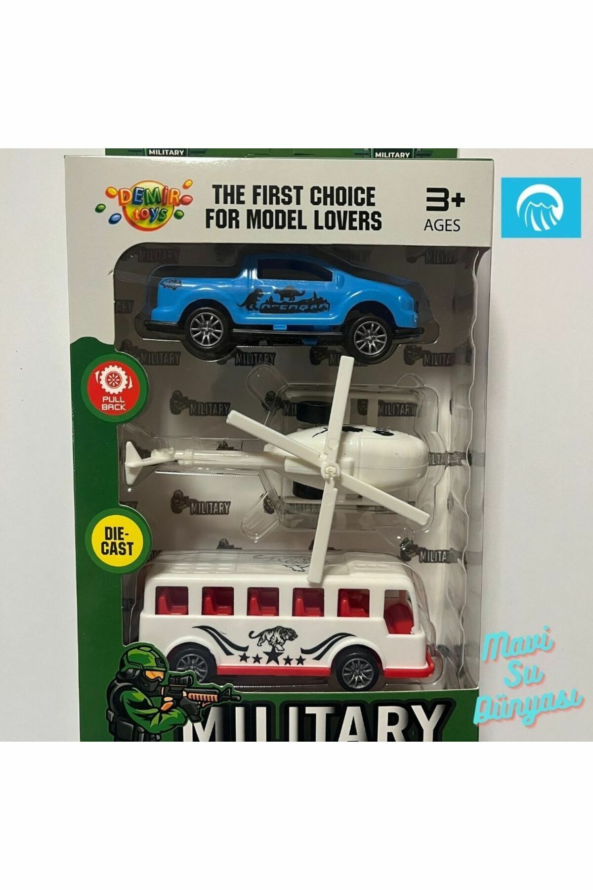 Askeri Araç Seti Araba Helikopter ve Minibüs 3 Lü Çek Bırak Araç Set- Mavi Su Dünyası