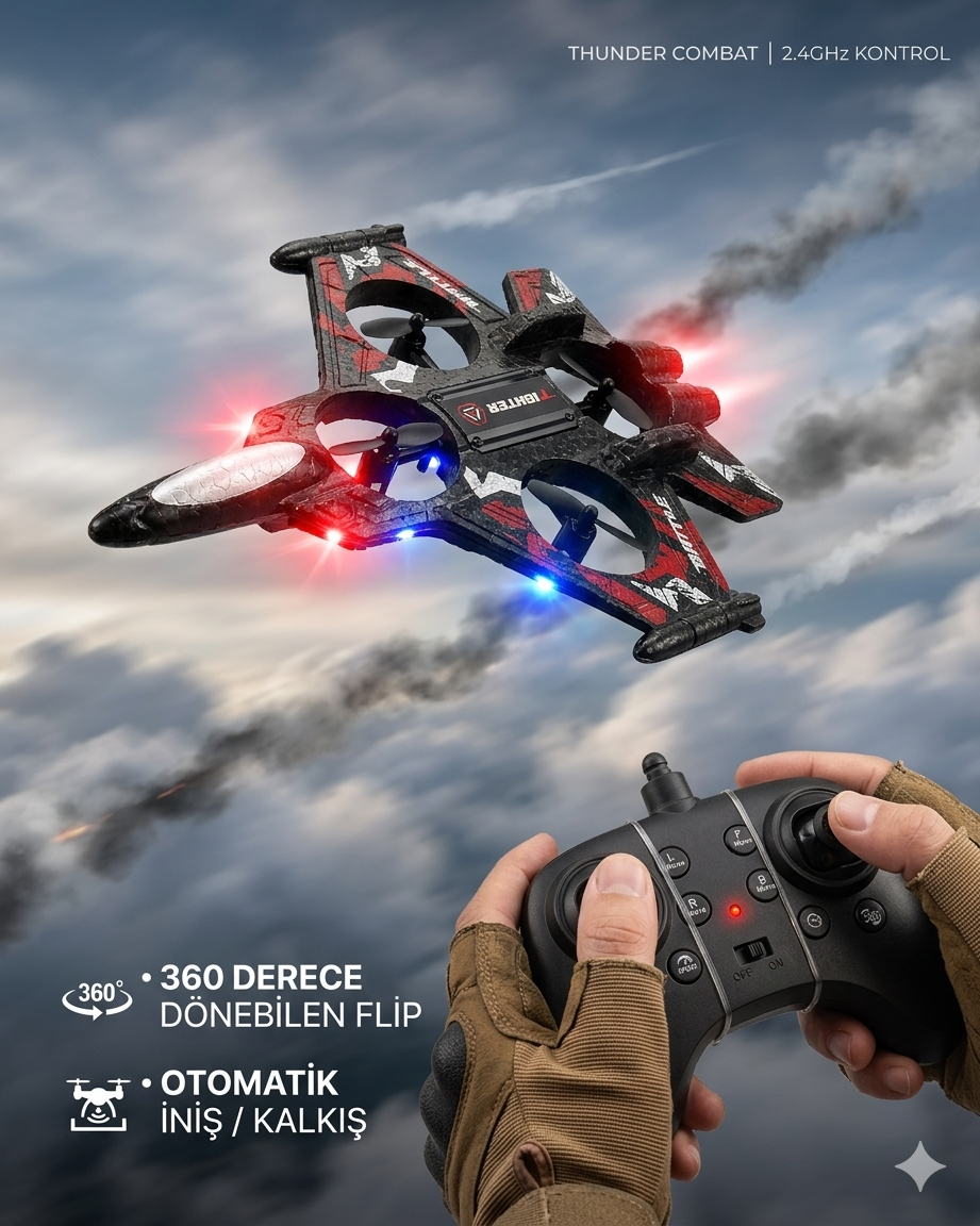 Uzaktan Kumandalı Uçak Dron Thunder Combat | 2.4Ghz 360 Derece Dönebilen | LED Işıklı | Otomatik İniş Kalkış Kırmızı