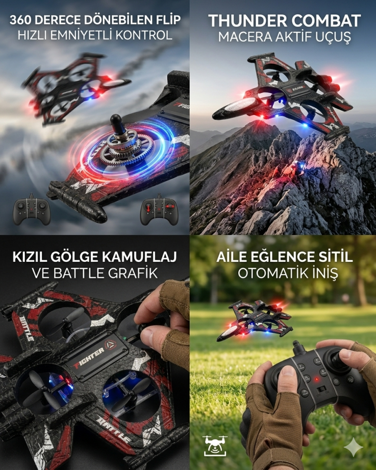 Uzaktan Kumandalı Uçak Dron Thunder Combat | 2.4Ghz 360 Derece Dönebilen | LED Işıklı | Otomatik İniş Kalkış Kırmızı