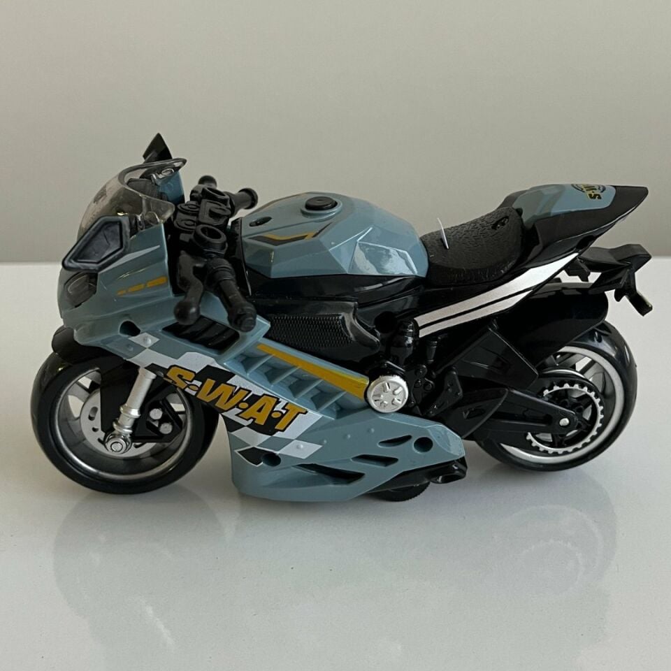Motosiklet Şık Görünümlü Çek Bırak Işıklı ve Sesli Renkli 15 Cm - Mavi Su Dünyası Gri