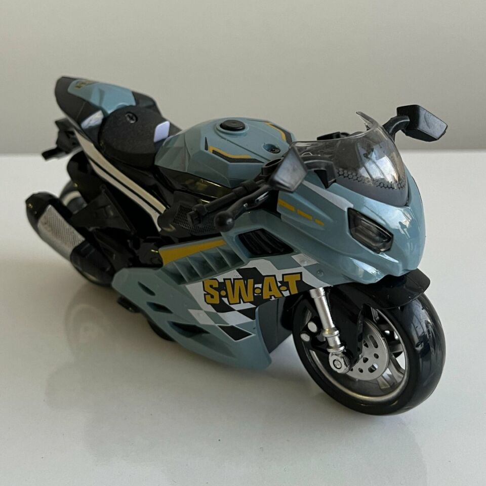 Motosiklet Şık Görünümlü Çek Bırak Işıklı ve Sesli Renkli 15 Cm - Mavi Su Dünyası Gri