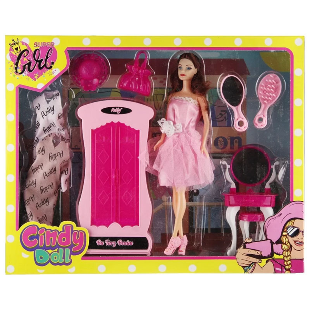 Cindy Dolaplı Makyaj Masalı Bebek 9 Parçalı - Mavi Su Dünyası