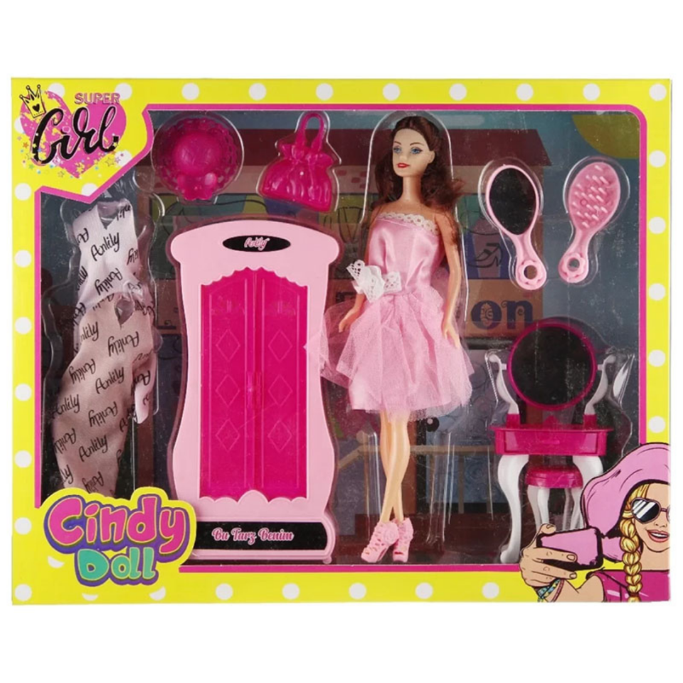 Cindy Dolaplı Makyaj Masalı Bebek 9 Parçalı - Mavi Su Dünyası