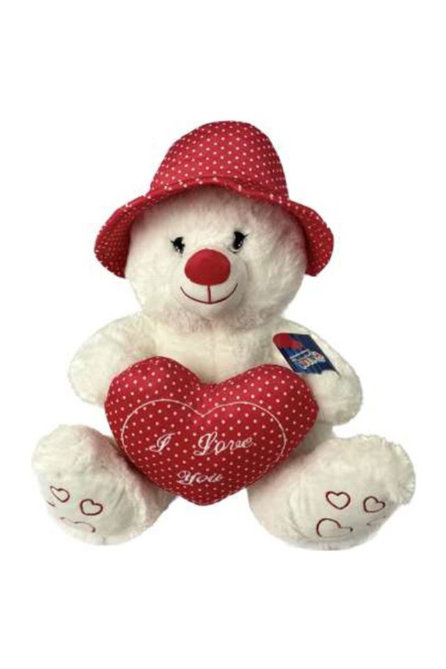 Peluş Şapkalı Ayı 43 Cm - Mavi Su Dünyası Kırmızı