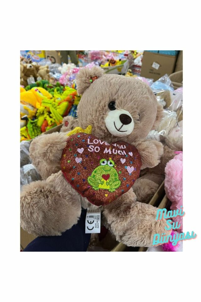 Peluş 30 Cm Kalpli Ayıcık Love You So Much - Mavi Su Dünyası Gri