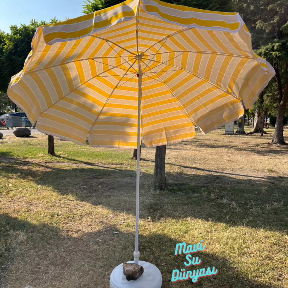 Plaj Deniz Balkon Şemsiyesi | Pamuk Kumaşlı Şemsiye | Eğilebilir | 2 Metre Şemsiye Bidon Dahil Şemsiye